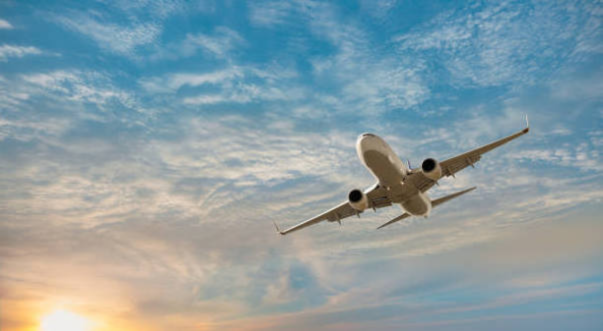A plane flies through the sky.