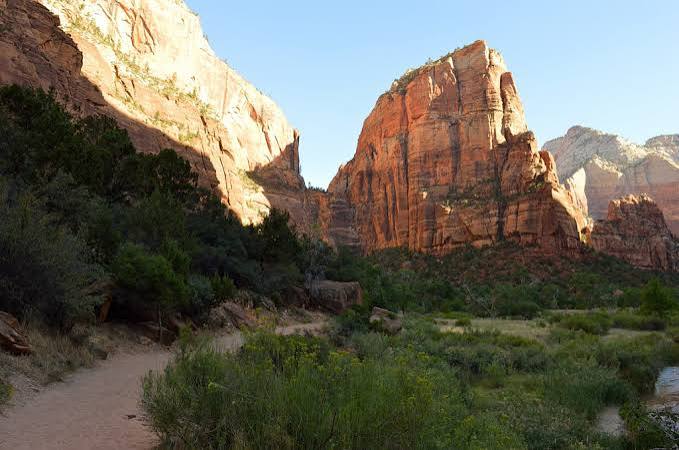 A view of Angels Landing from the ground.