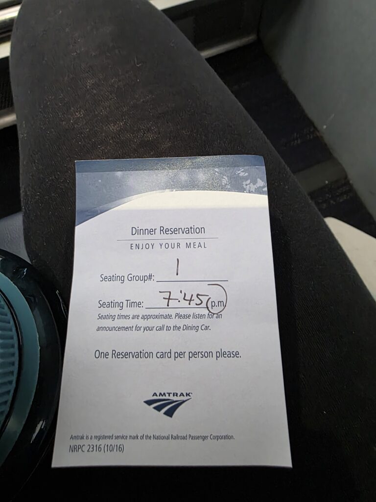 The dining reservation card for my first experience having dinner on the train